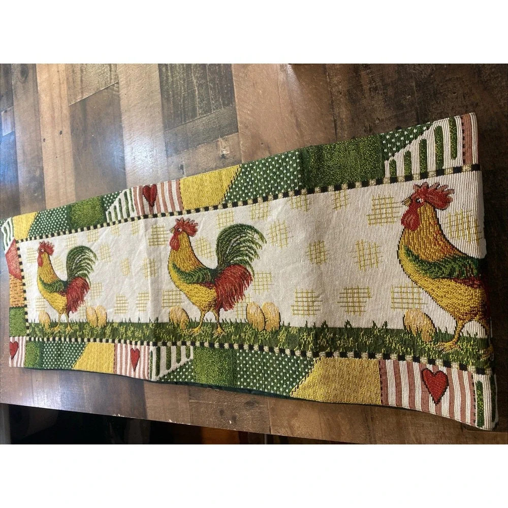 Vtg 90s Rooster Tapestry Table Runner Patchwork Hearts Country Farmhouse Woven